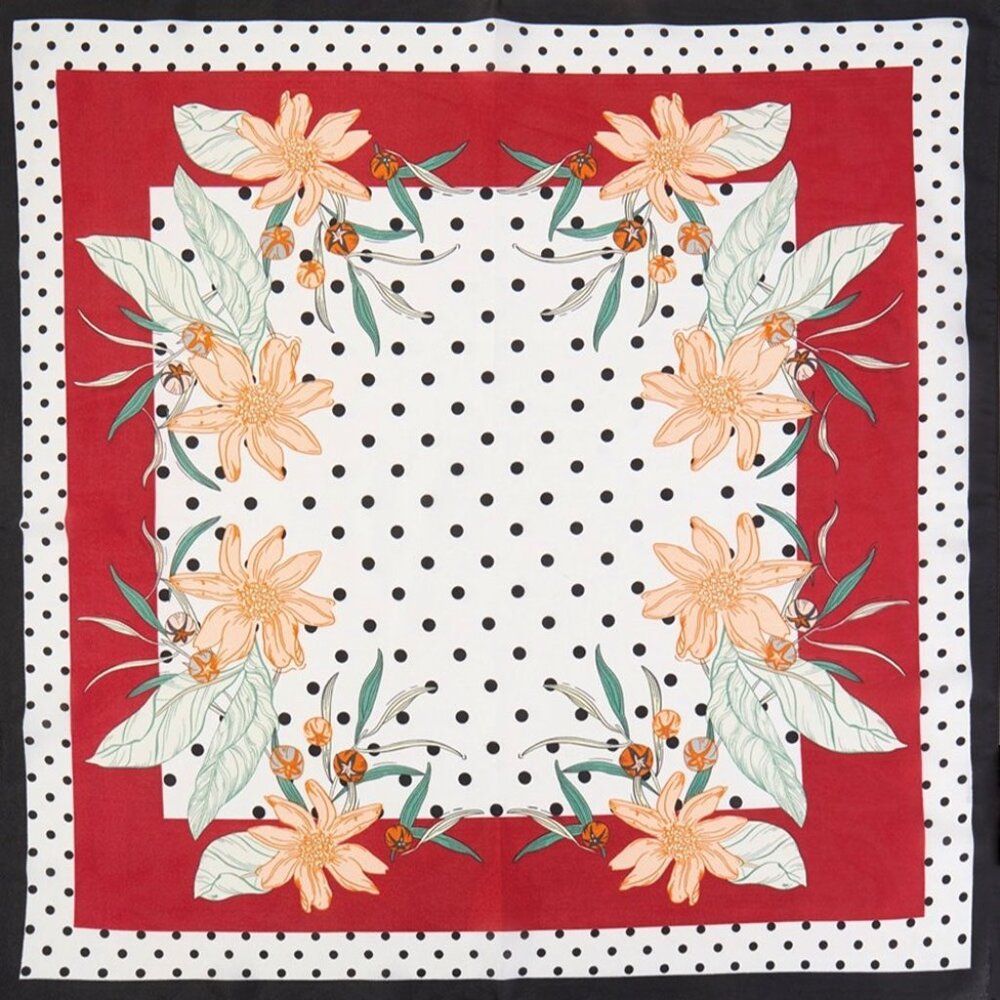 NWT Red Polka Dotted Daisy Print Square Bandana Scarf Floral Bag Charm - Picture 3 of 3